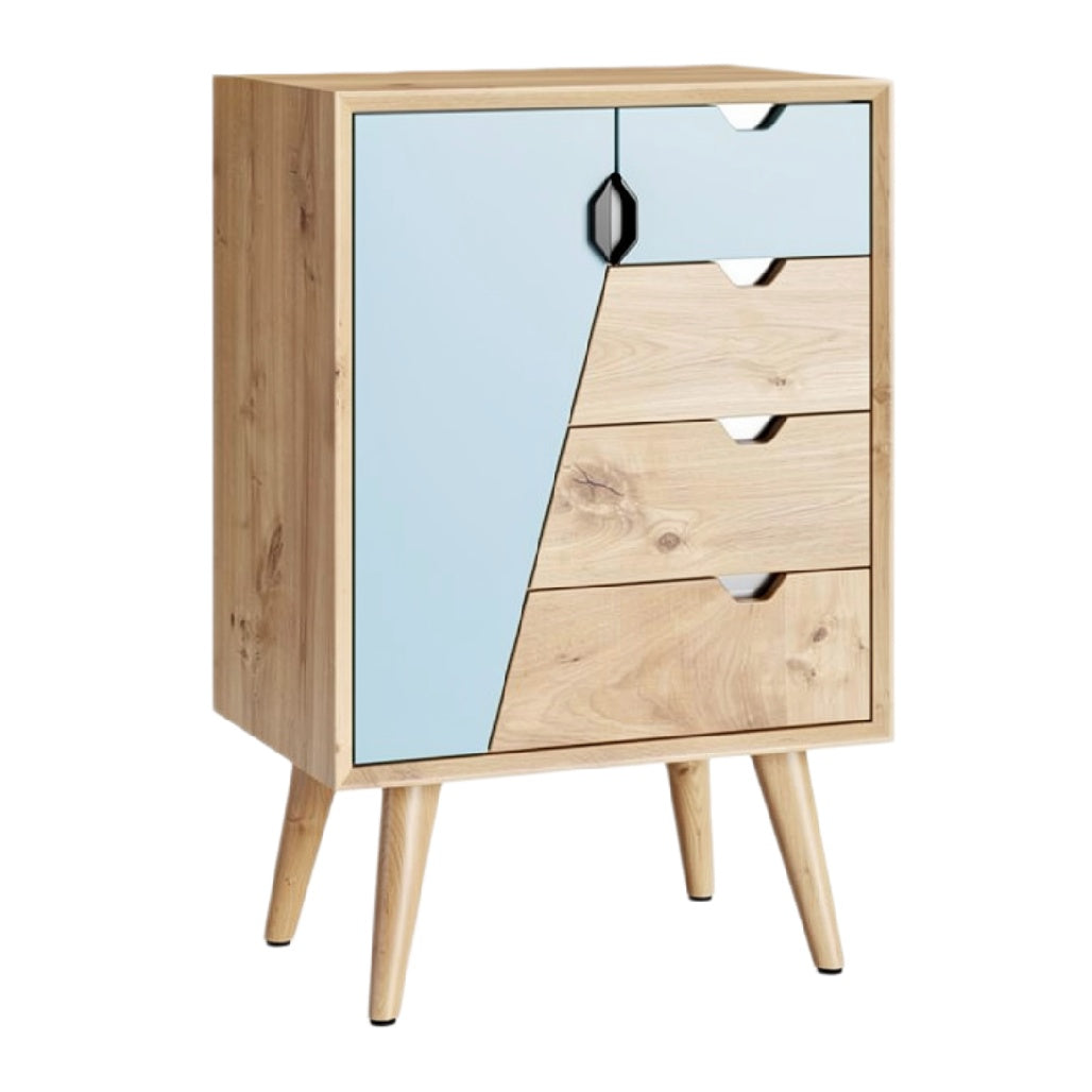 Moderne kast met gelakt blauw front en natuurlijke houtafwerking