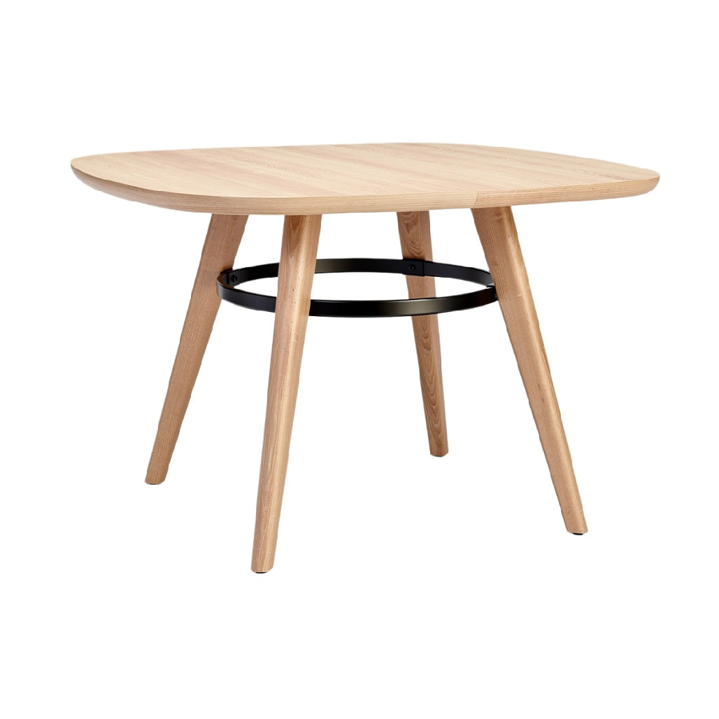 Eiken houten tafel met zwarte metalen ring en vijf poten